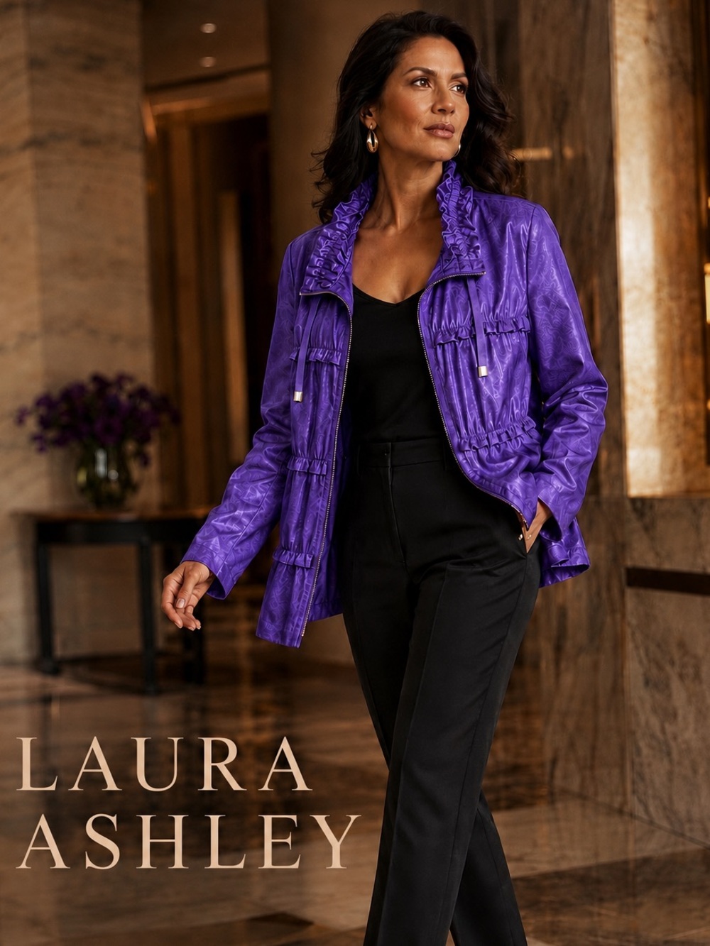 NWT Laura Ashley Purple Ruffle Tiered Zip Jacket Size PM Petite Medium